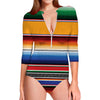 Ethnic Serape Blanket Stripe Print Long Sleeve Swimsuit