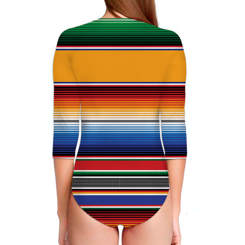 Ethnic Serape Blanket Stripe Print Long Sleeve Swimsuit