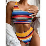Ethnic Serape Blanket Stripe Print One Shoulder Bikini Top