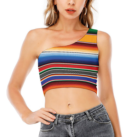 Ethnic Serape Blanket Stripe Print One Shoulder Crop Top