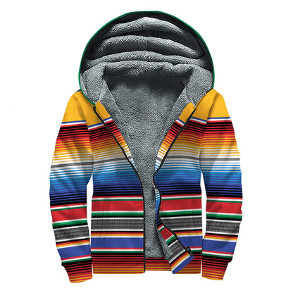 Ethnic Serape Blanket Stripe Print Sherpa Lined Zip Up Hoodie