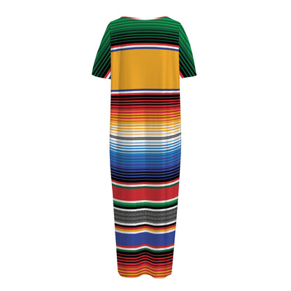 Ethnic Serape Blanket Stripe Print Short Sleeve Long Nightdress