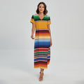 Ethnic Serape Blanket Stripe Print Short Sleeve Maxi Dress