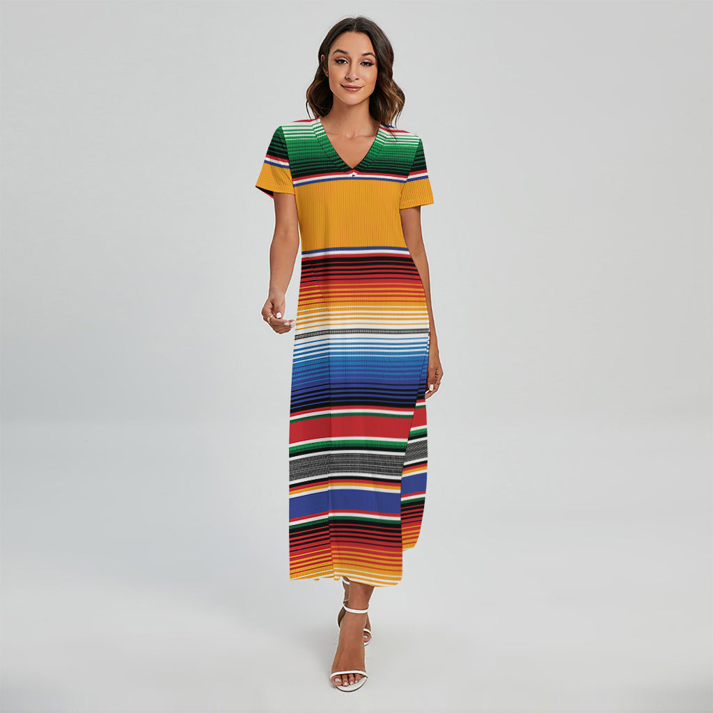 Ethnic Serape Blanket Stripe Print Short Sleeve Maxi Dress