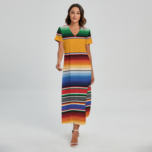 Ethnic Serape Blanket Stripe Print Short Sleeve Maxi Dress
