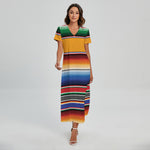 Ethnic Serape Blanket Stripe Print Short Sleeve Maxi Dress