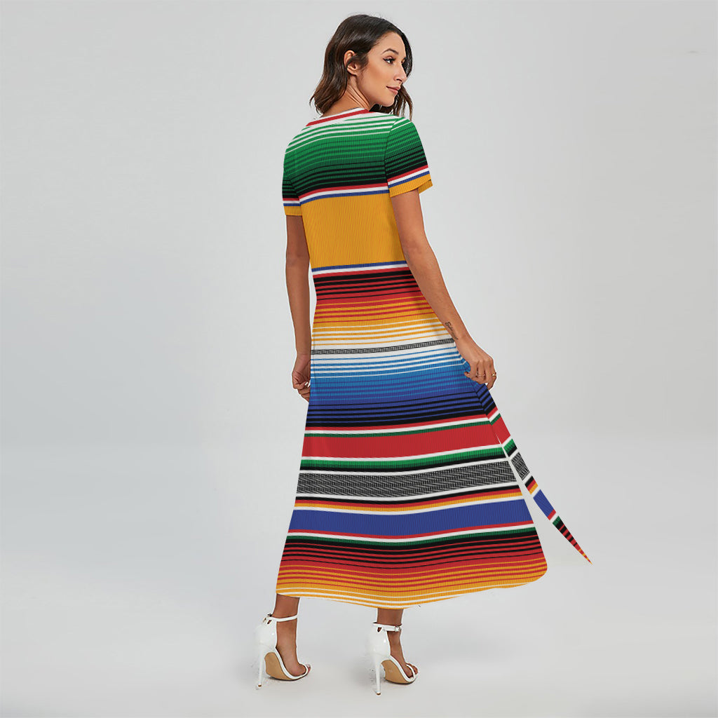 Ethnic Serape Blanket Stripe Print Short Sleeve Maxi Dress