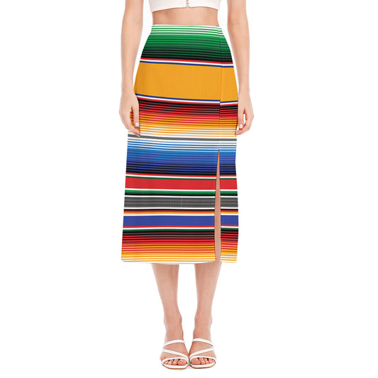 Ethnic Serape Blanket Stripe Print Side Slit Midi Skirt