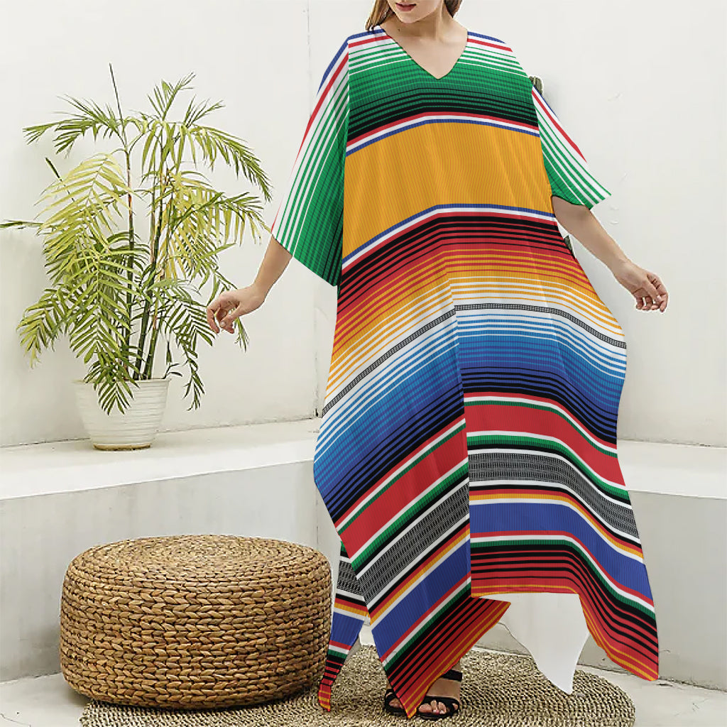 Ethnic Serape Blanket Stripe Print Silk V-Neck Kaftan Dress