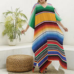 Ethnic Serape Blanket Stripe Print Silk V-Neck Kaftan Dress