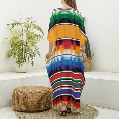 Ethnic Serape Blanket Stripe Print Silk V-Neck Kaftan Dress