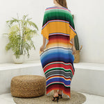 Ethnic Serape Blanket Stripe Print Silk V-Neck Kaftan Dress