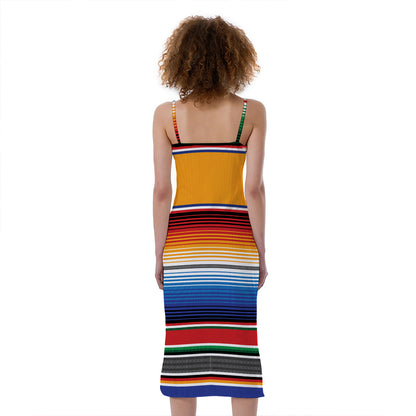 Ethnic Serape Blanket Stripe Print Slim Fit Midi Cami Dress
