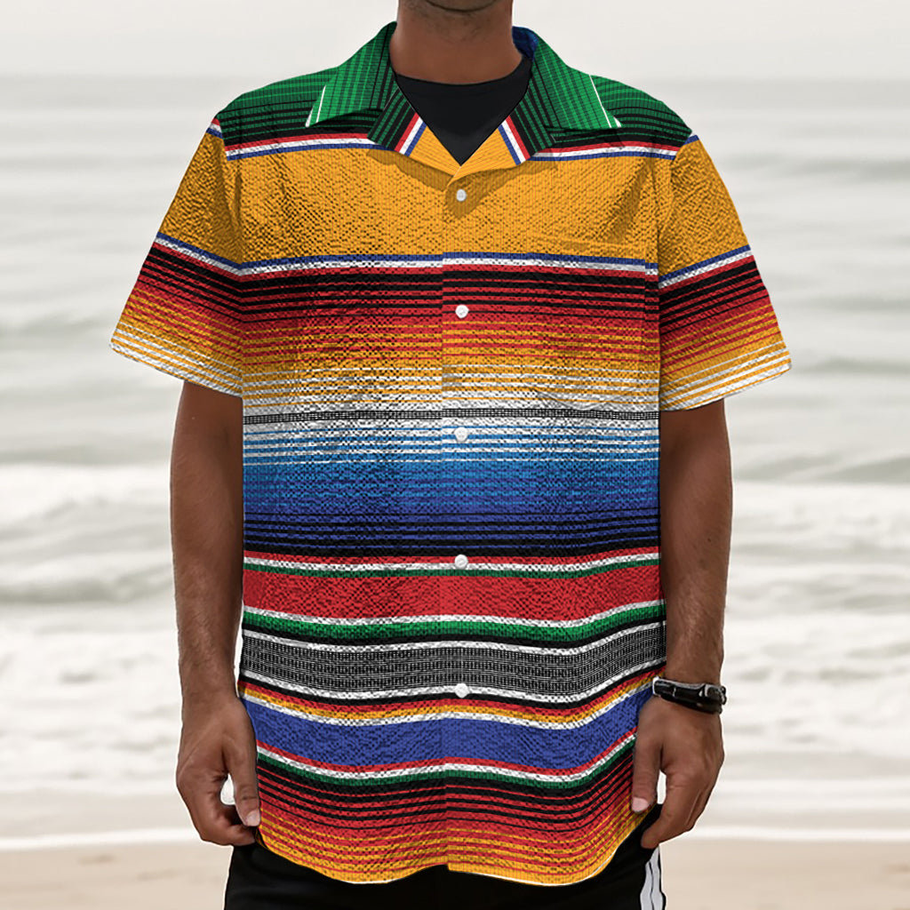 Ethnic Serape Blanket Stripe Print Textured Short Sleeve Shirt