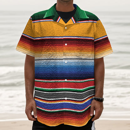 Ethnic Serape Blanket Stripe Print Textured Short Sleeve Shirt