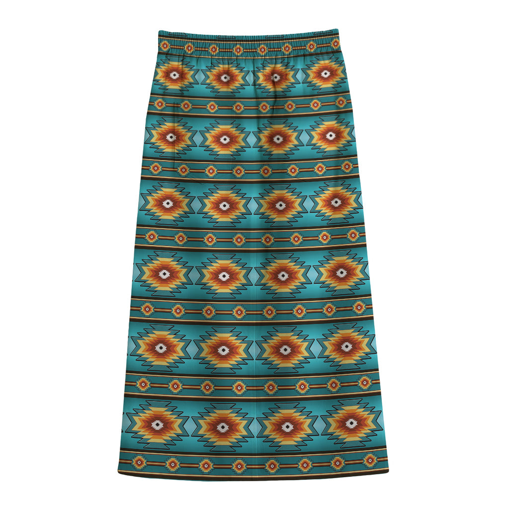 Ethnic Southwestern Navajo Pattern Print Cotton Front Slit Maxi Skirt