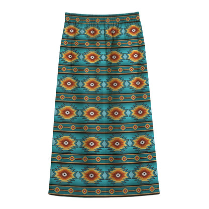 Ethnic Southwestern Navajo Pattern Print Cotton Front Slit Maxi Skirt