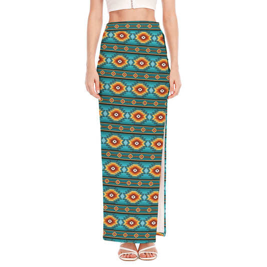 Ethnic Southwestern Navajo Pattern Print High Slit Maxi Skirt