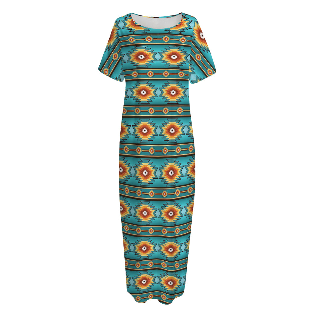 Ethnic Southwestern Navajo Pattern Print Short Sleeve Long Nightdress