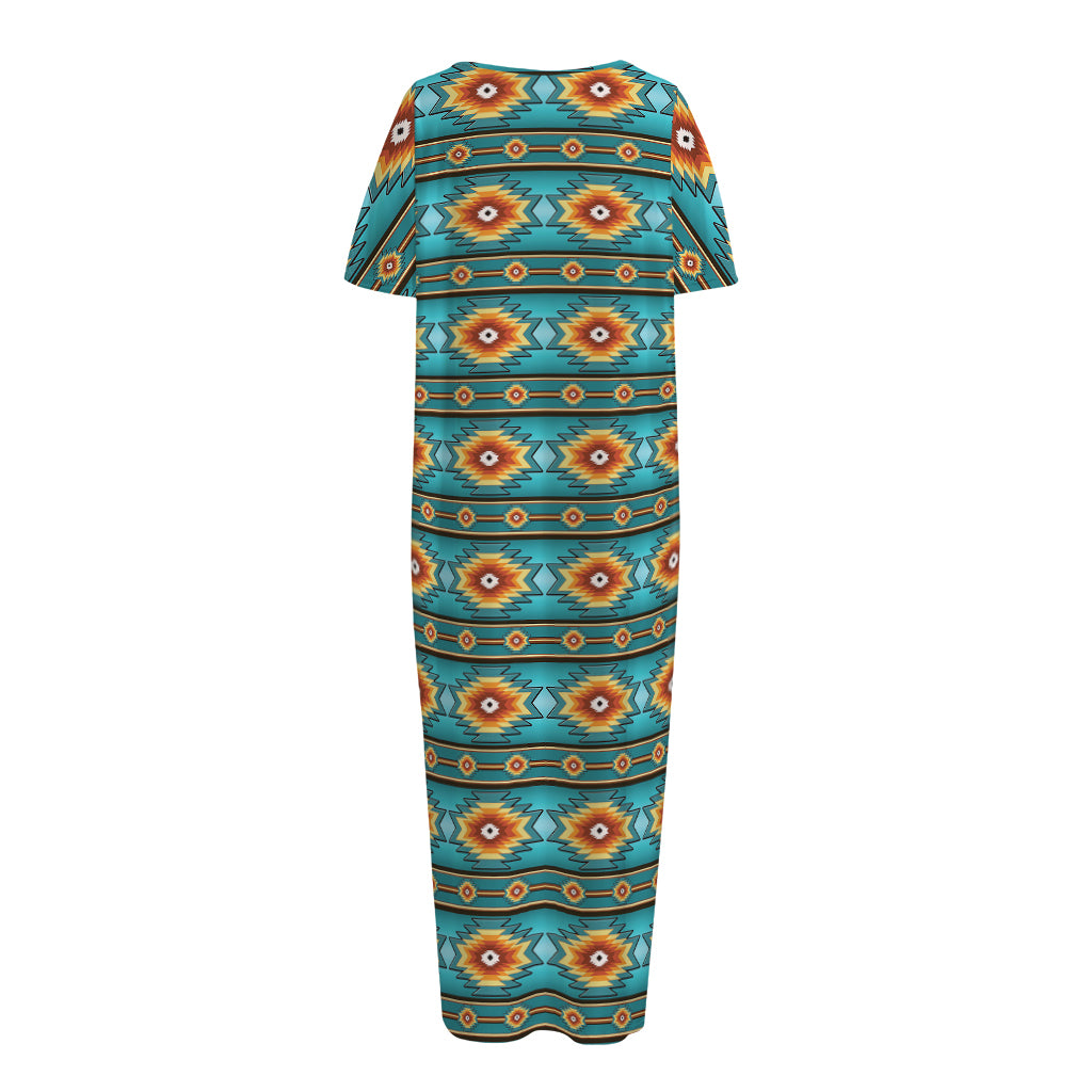 Ethnic Southwestern Navajo Pattern Print Short Sleeve Long Nightdress