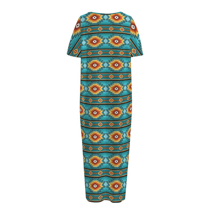 Ethnic Southwestern Navajo Pattern Print Short Sleeve Long Nightdress