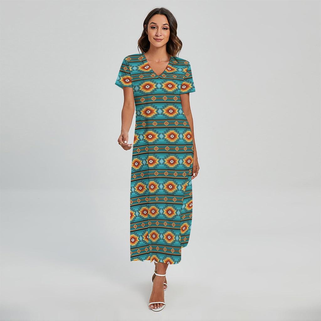 Ethnic Southwestern Navajo Pattern Print Short Sleeve Maxi Dress