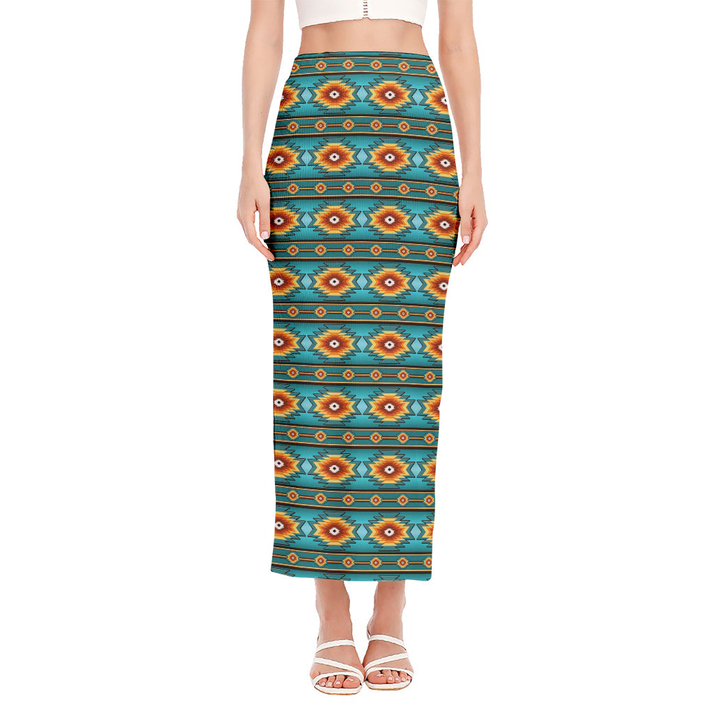 Ethnic Southwestern Navajo Pattern Print Side Slit Maxi Skirt