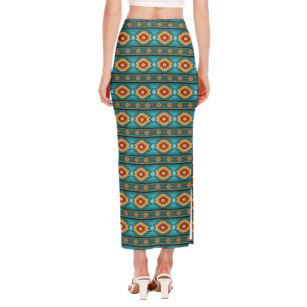 Ethnic Southwestern Navajo Pattern Print Side Slit Maxi Skirt