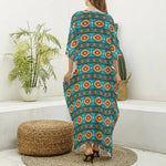 Ethnic Southwestern Navajo Pattern Print Silk V-Neck Kaftan Dress