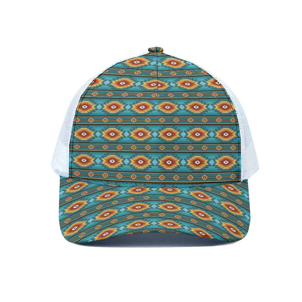 Ethnic Southwestern Navajo Pattern Print White Mesh Trucker Cap