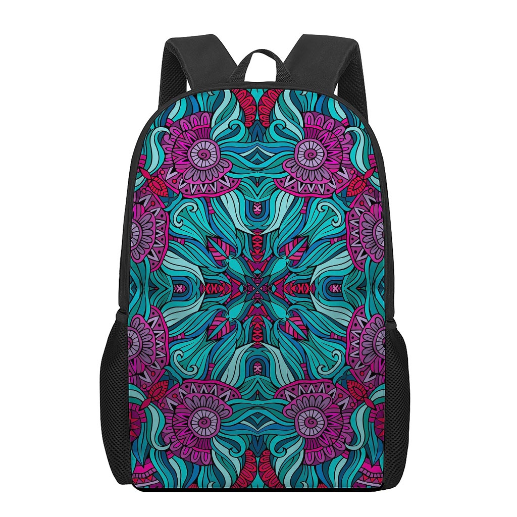 Ethnic Teal Bohemian Pattern Print 17 Inch Backpack