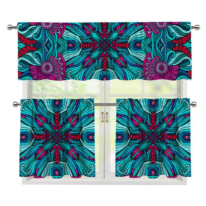 Ethnic Teal Bohemian Pattern Print 3 Piece Kitchen Curtains