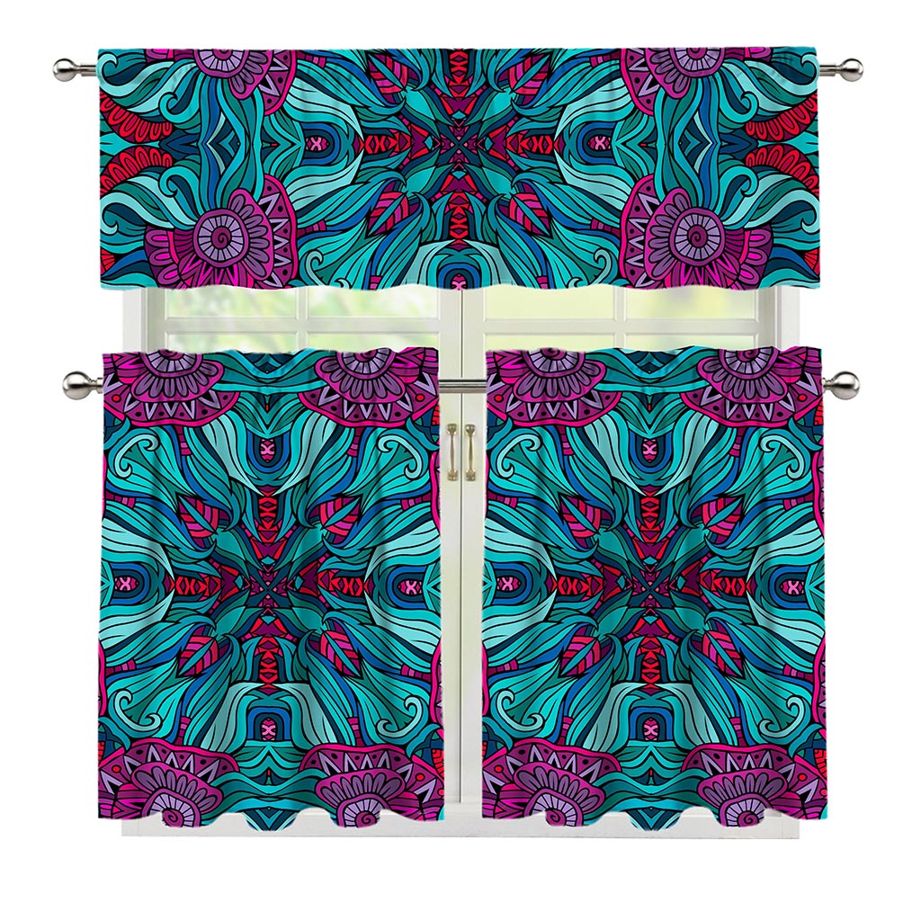 Ethnic Teal Bohemian Pattern Print 3 Piece Kitchen Curtains