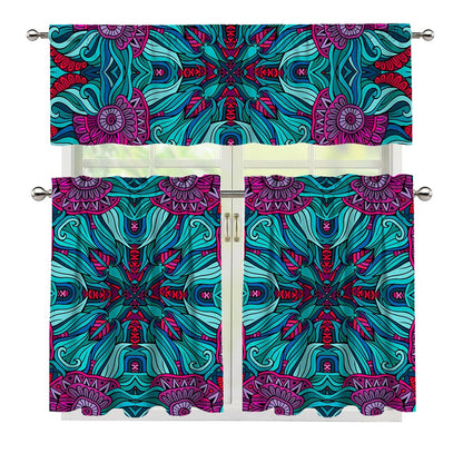 Ethnic Teal Bohemian Pattern Print 3 Piece Kitchen Curtains