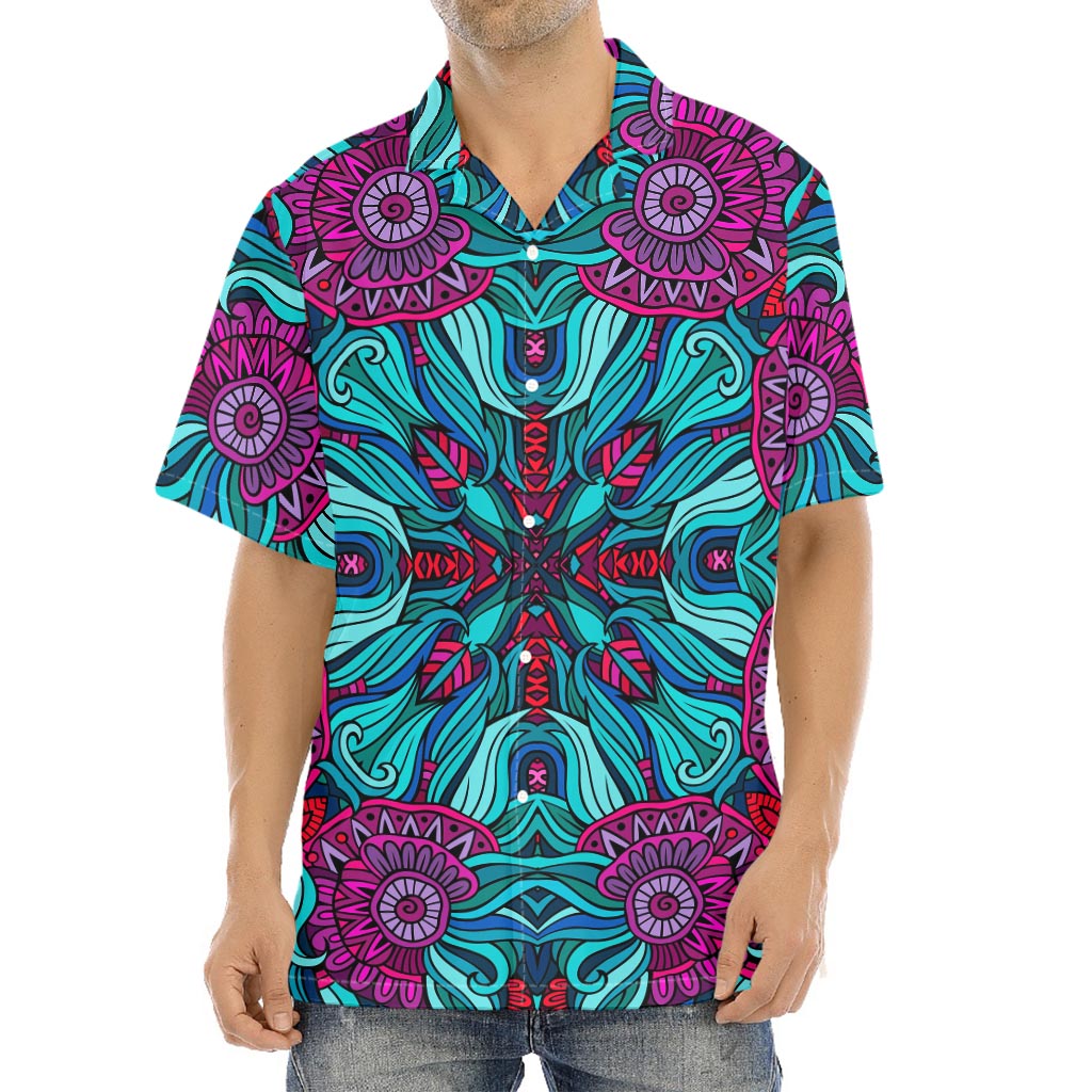 Ethnic Teal Bohemian Pattern Print Aloha Shirt
