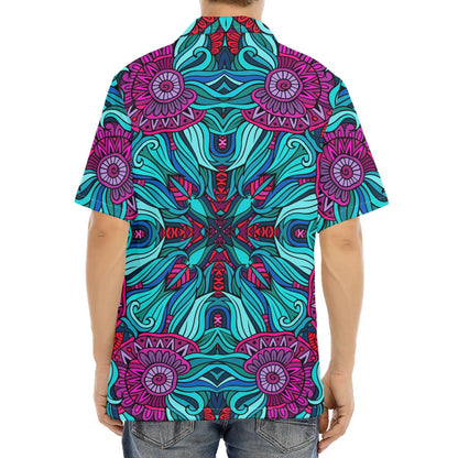 Ethnic Teal Bohemian Pattern Print Aloha Shirt