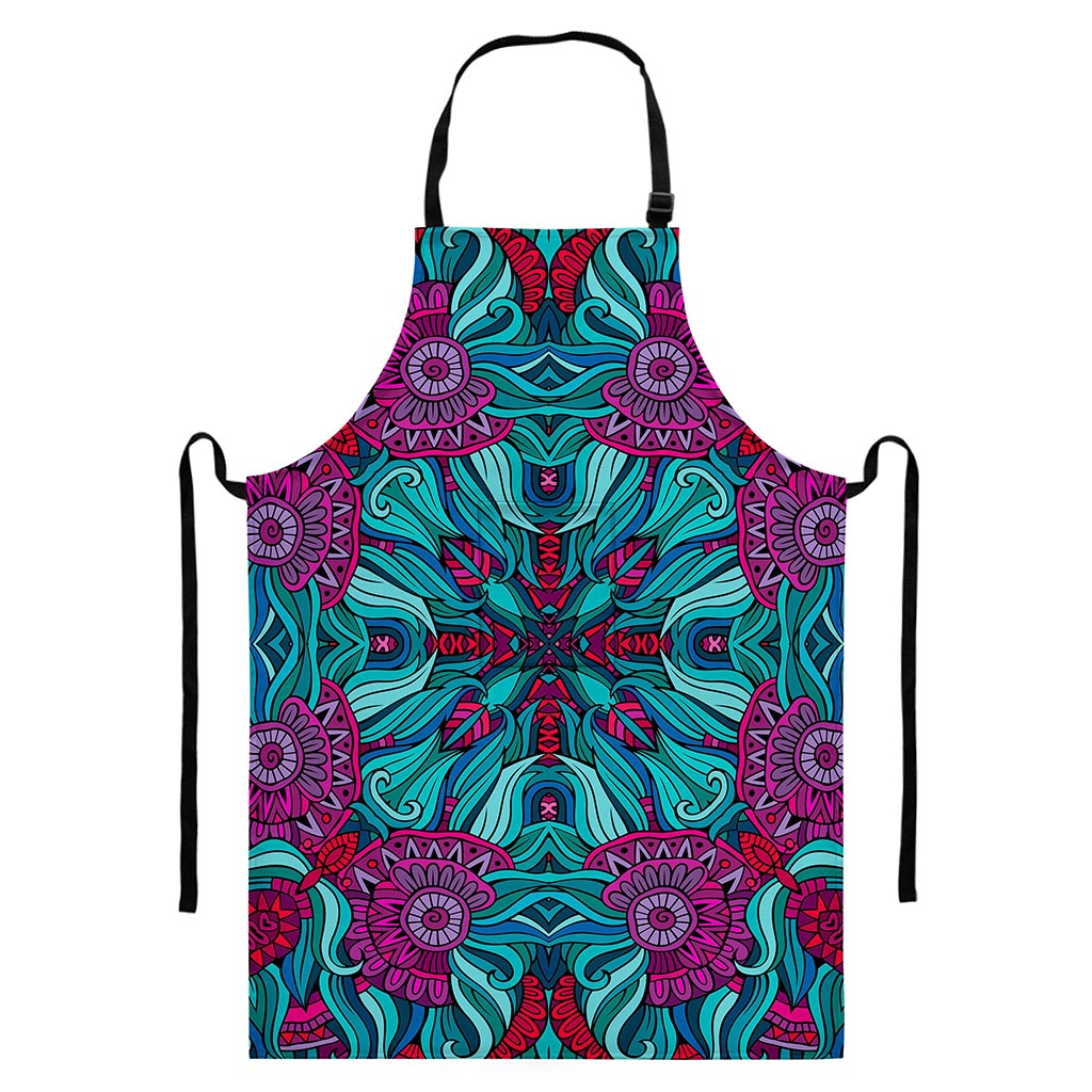 Ethnic Teal Bohemian Pattern Print Bib Apron With Pocket
