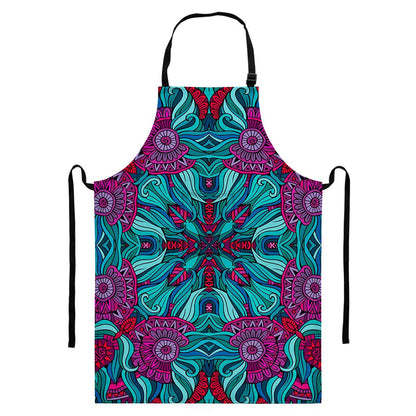 Ethnic Teal Bohemian Pattern Print Bib Apron With Pocket