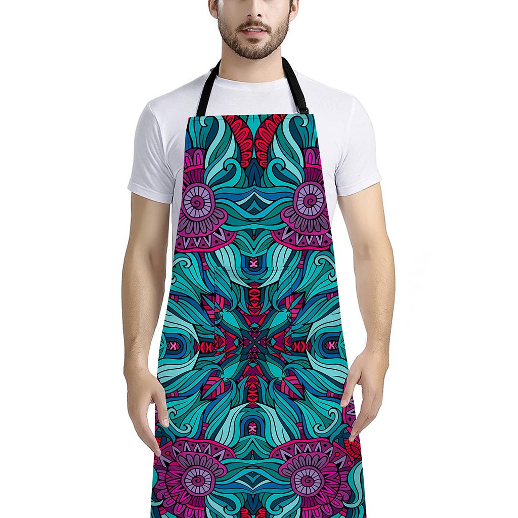 Ethnic Teal Bohemian Pattern Print Bib Apron With Pocket