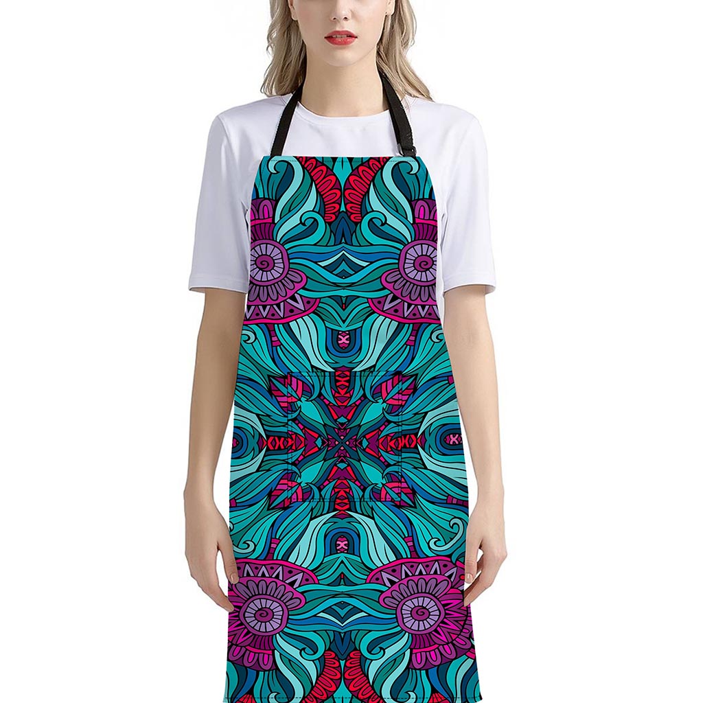 Ethnic Teal Bohemian Pattern Print Bib Apron With Pocket