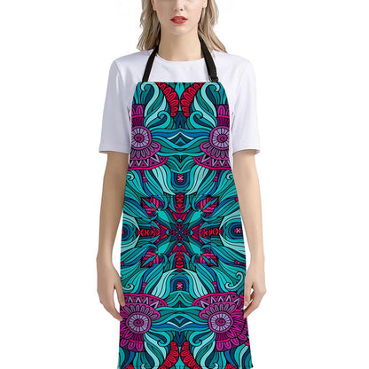 Ethnic Teal Bohemian Pattern Print Bib Apron With Pocket