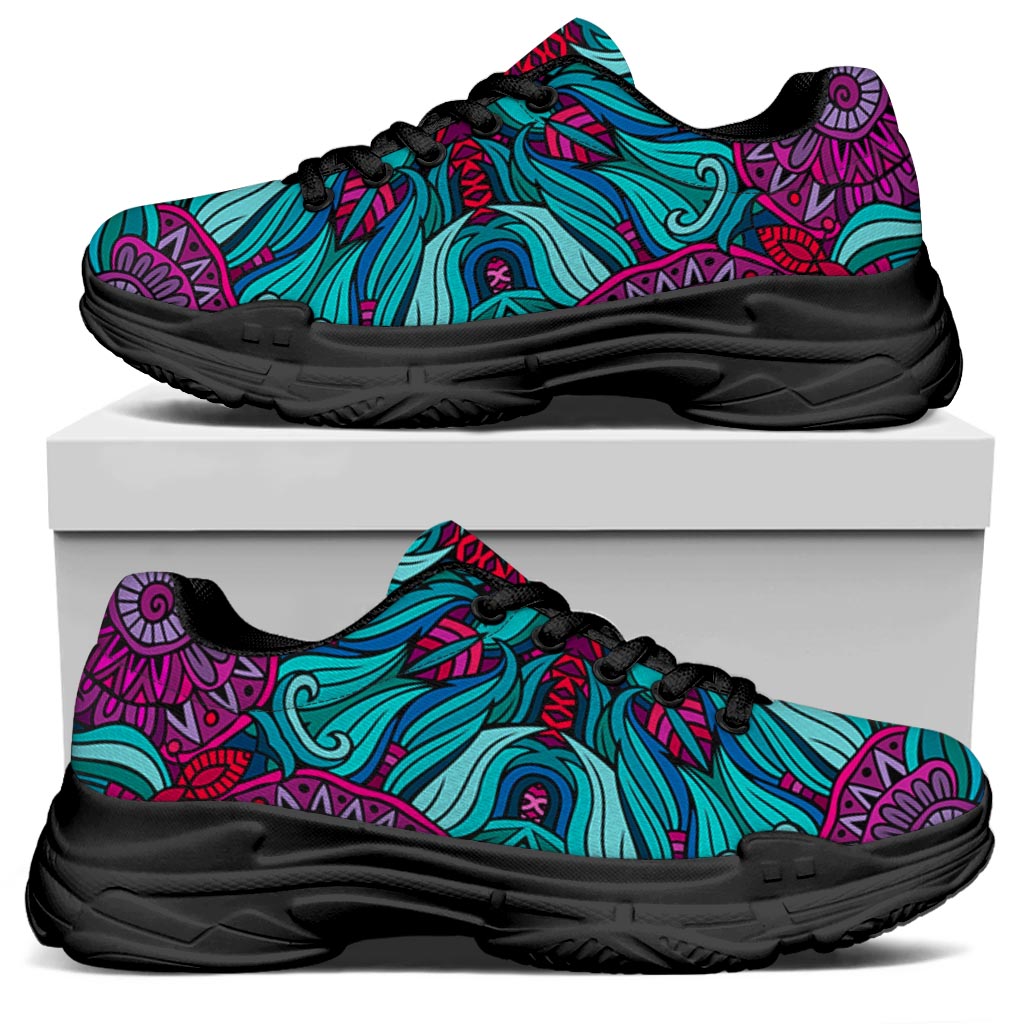 Ethnic Teal Bohemian Pattern Print Black Chunky Shoes