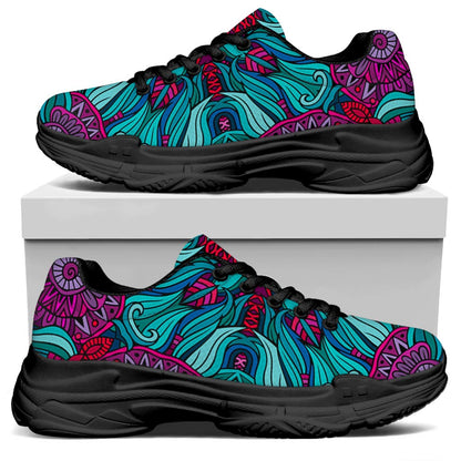 Ethnic Teal Bohemian Pattern Print Black Chunky Shoes