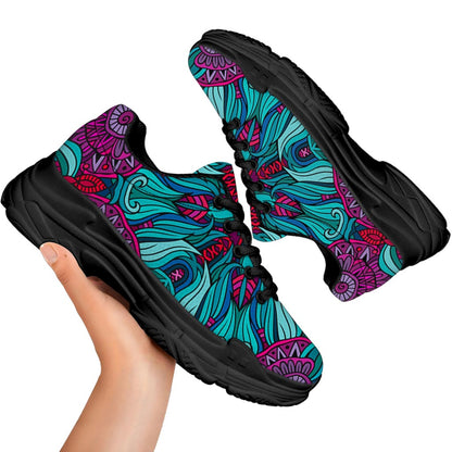 Ethnic Teal Bohemian Pattern Print Black Chunky Shoes