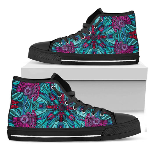 Ethnic Teal Bohemian Pattern Print Black High Top Sneakers