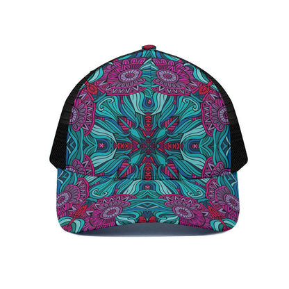 Ethnic Teal Bohemian Pattern Print Black Mesh Trucker Cap