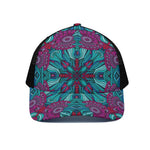 Ethnic Teal Bohemian Pattern Print Black Mesh Trucker Cap