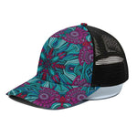 Ethnic Teal Bohemian Pattern Print Black Mesh Trucker Cap