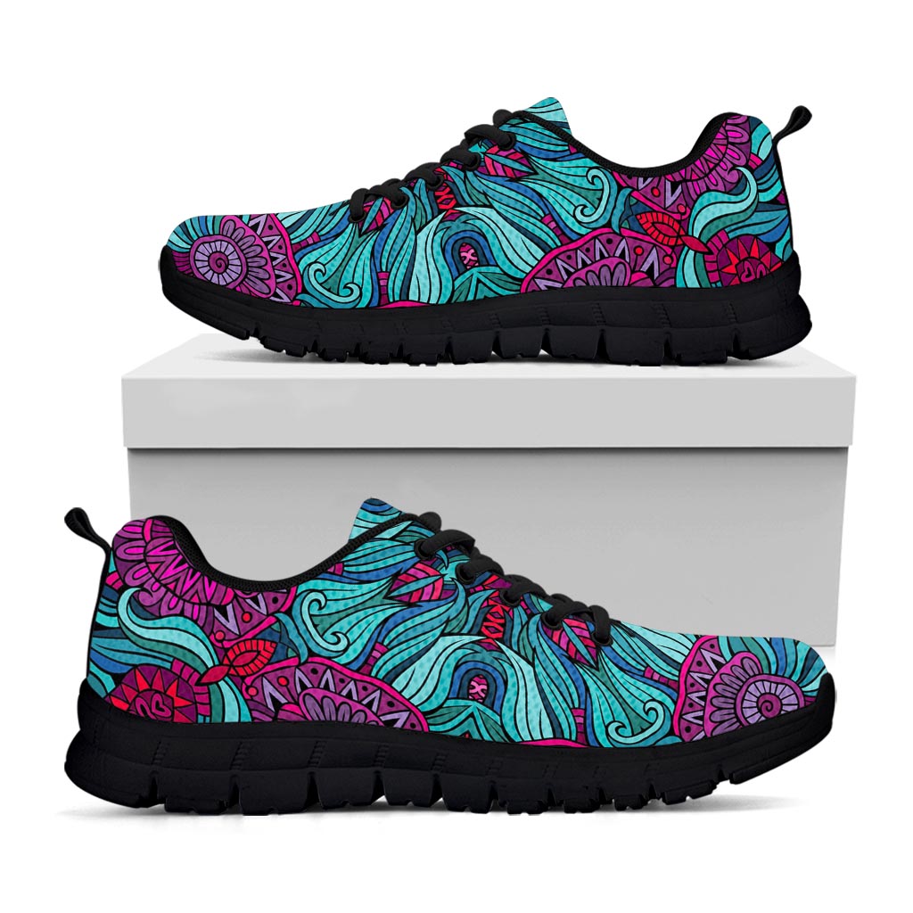 Ethnic Teal Bohemian Pattern Print Black Running Shoes