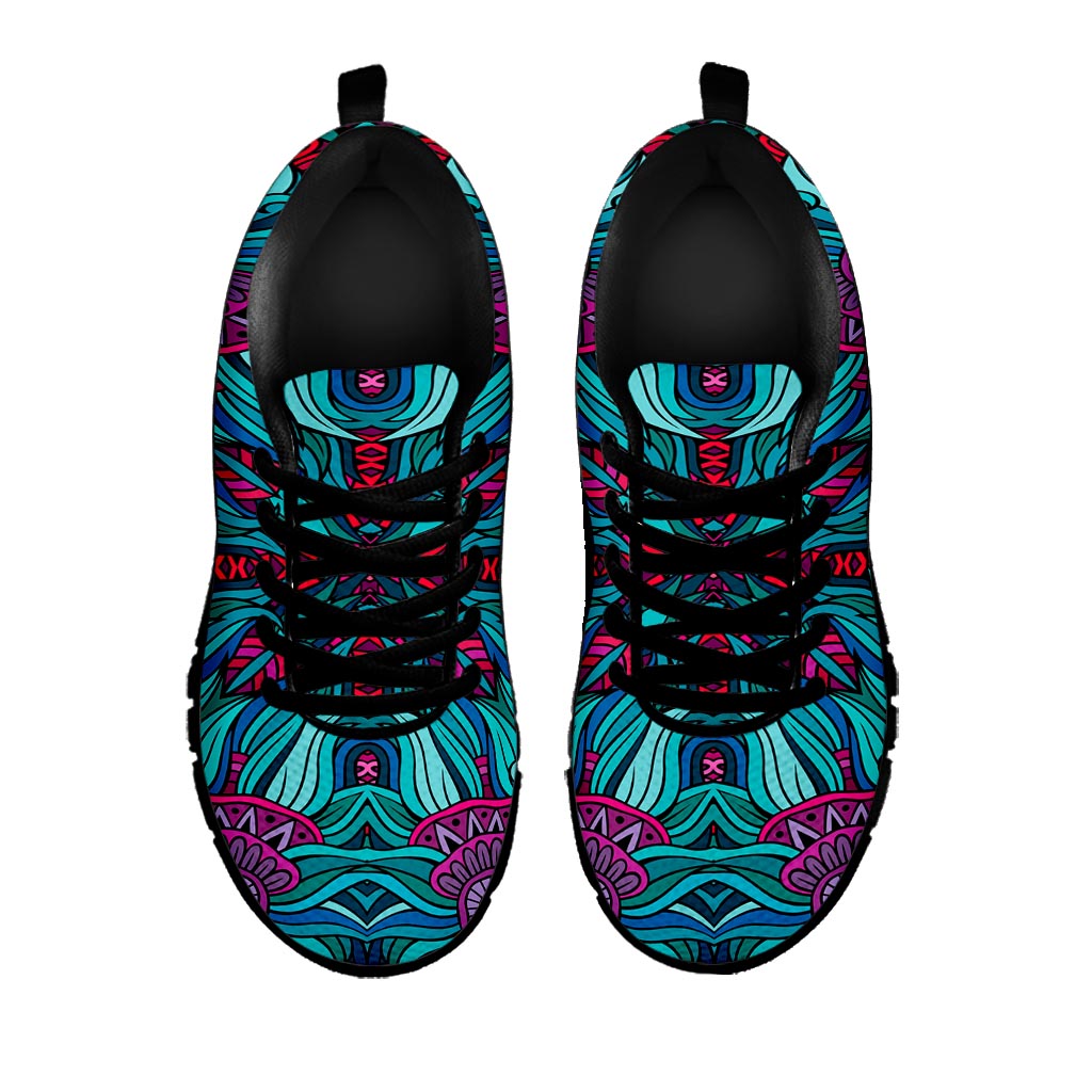Ethnic Teal Bohemian Pattern Print Black Running Shoes